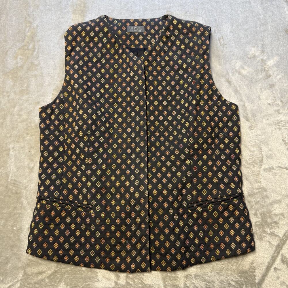 Lafayette 148 New York Vest Women L Brown Geometric Print Cotton Rayon Button - Picture 6 of 12